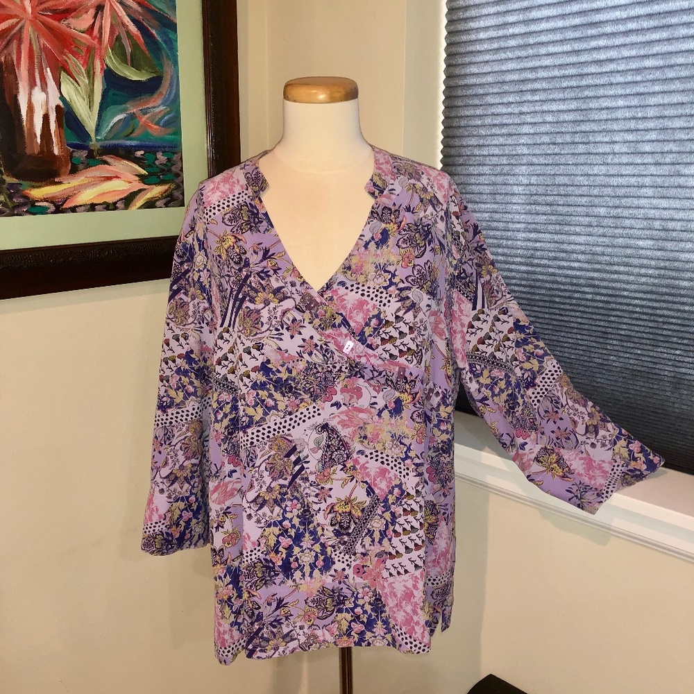 Tianello Washable Silk Lilac Print "Endura" Diva Mandarin Style Blouse - L